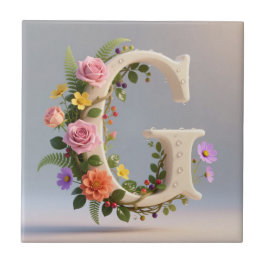 Azulejo De Cerâmica Letra G Monograma de Jardim Floral Branco