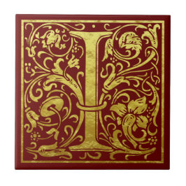 Azulejo De Cerâmica Letra I Primeira Letra Faux Dourado Vermelho