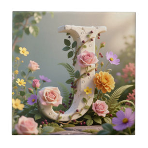 Azulejo De Cerâmica Letra J Monograma Jardim Floral Branco