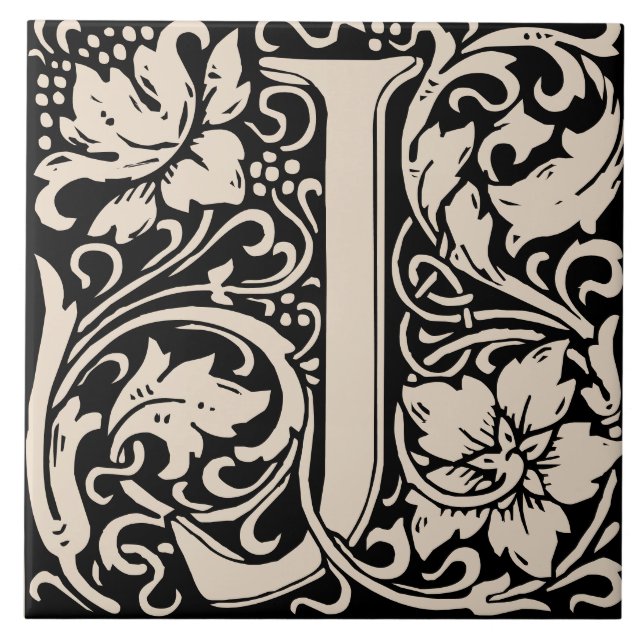 Azulejo De Cerâmica Letra J Monogramada em Arte Nova de William Morris (Frente)