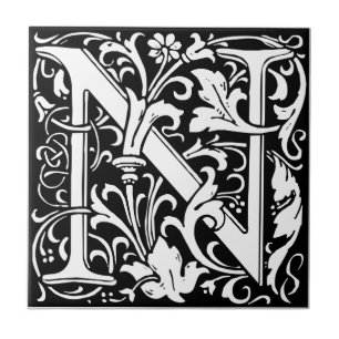 Azulejo De Cerâmica Letra N Monograma Medieval Art Nouveau