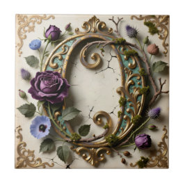 Azulejo De Cerâmica Letra O com Pátina Dourada Floral Antiga