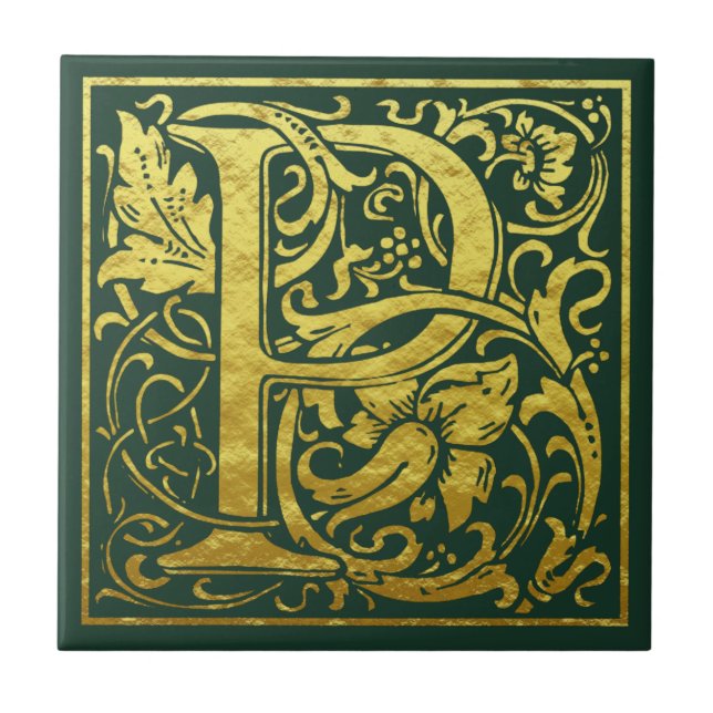 Azulejo De Cerâmica Letra P Primeira Letra Faux Céltico Verde Dourado (Frente)