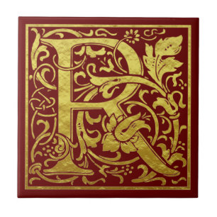 Azulejo De Cerâmica Letra R Primeira Letra Faux Vermelho Dourado