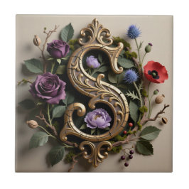 Azulejo De Cerâmica Letra S Dourada Antiga Floral Gótica