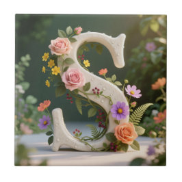 Azulejo De Cerâmica Letra S Monograma Jardim Floral Branco