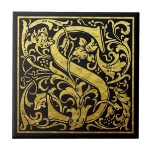 Azulejo De Cerâmica Letra S Primeira Letra Faux Dourado Preto