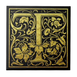 Azulejo De Cerâmica Letra T Primeira Letra Faux Dourado Preto