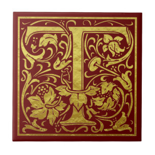 Azulejo De Cerâmica Letra T Primeira Letra Faux Vermelho Dourado