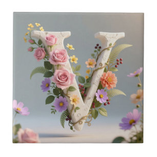 Azulejo De Cerâmica Letra V Monograma Texturizada Floral Branca