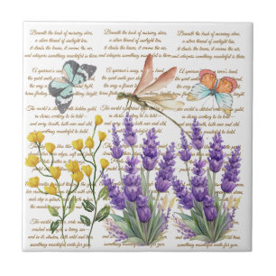 Azulejo De Cerâmica Letras manuscritas modernas Dragonfly floral fofa