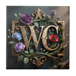 Azulejo De Cerâmica Letreiro Floral Antigo em Moldura com Monograma WC