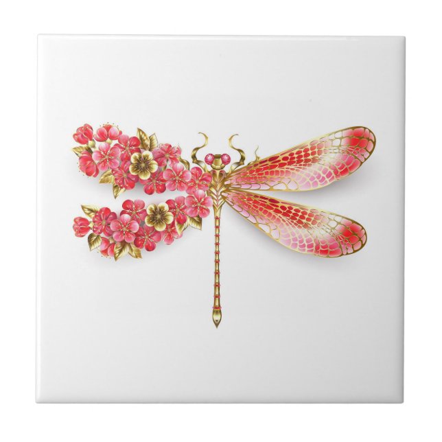Azulejo De Cerâmica Libélula flor com jóias sakura (Frente)