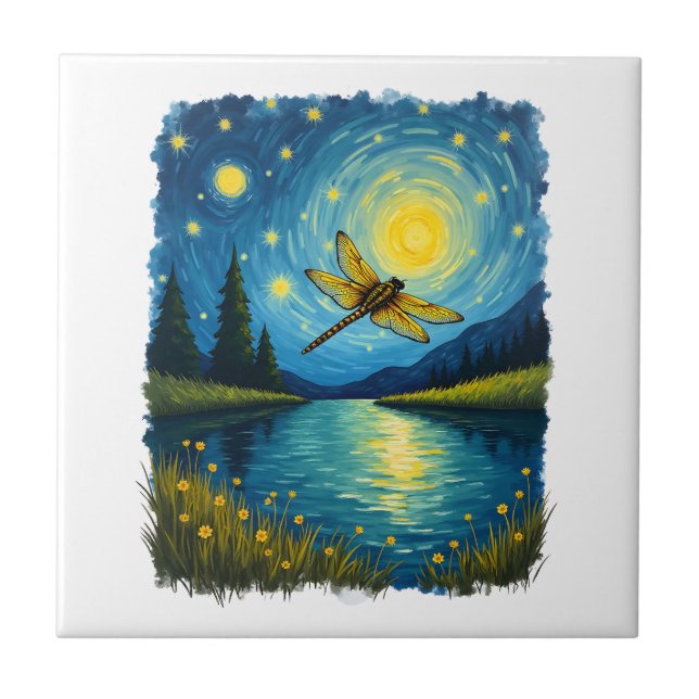 Azulejo De Cerâmica Libélula Noite Estrelada (2) (Frente)