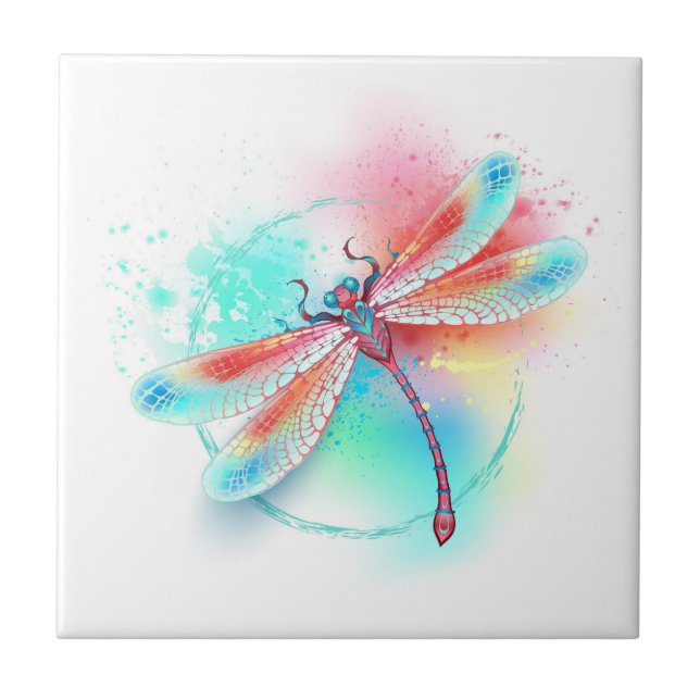 Azulejo De Cerâmica libélula vermelha sobre fundo de aquarela (Frente)