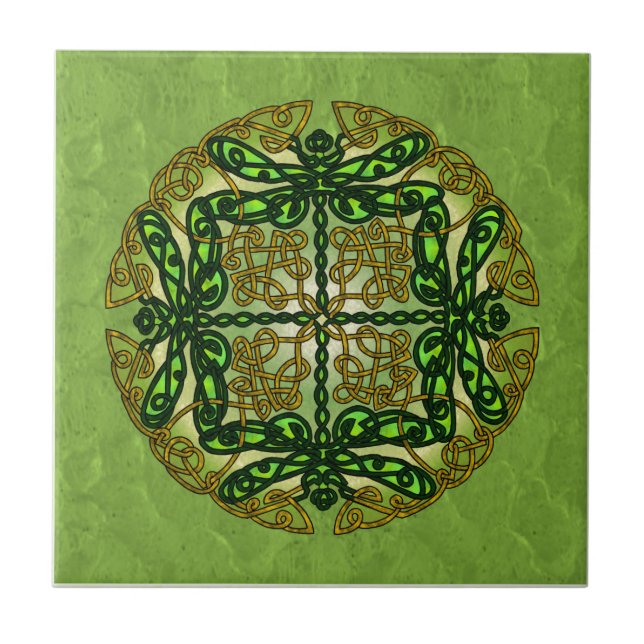 Azulejo De Cerâmica Libélulas celtas da arte - verde (Frente)