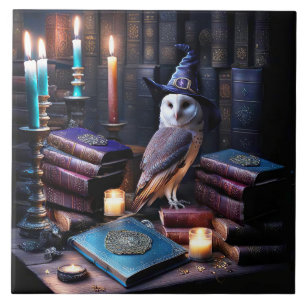 Azulejo De Cerâmica Library and Owl with Candles Mystical Books