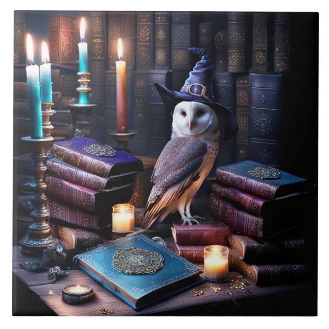 Azulejo De Cerâmica Library and Owl with Candles Mystical Books (Frente)
