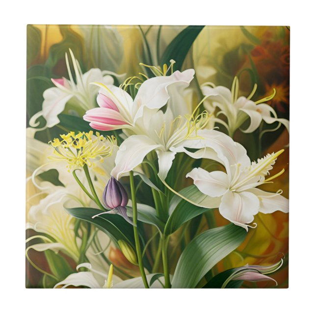 Azulejo De Cerâmica Lilases Brancas em Flor (Frente)