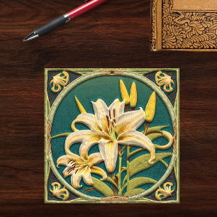 Azulejo De Cerâmica Lily Art Nouveau Verde Branco Inscrito
