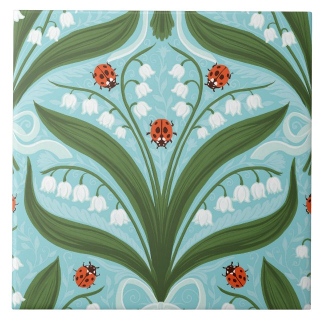 Azulejo De Cerâmica Lily do vale e a simetria de joias em verde. (Frente)