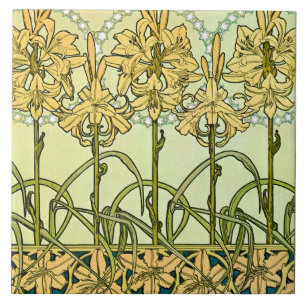 Azulejo De Cerâmica Lily Flowers of Art Nouveau Style, Mucha