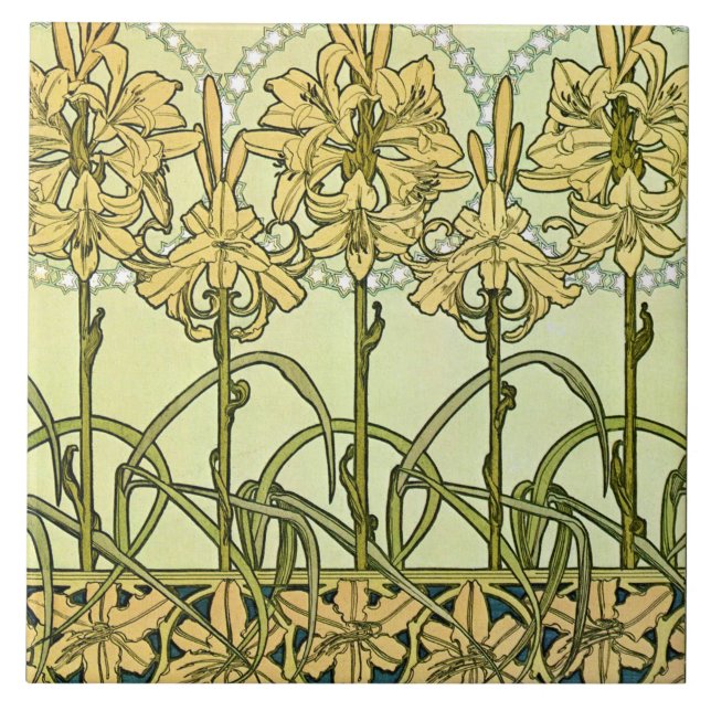 Azulejo De Cerâmica Lily Flowers of Art Nouveau Style, Mucha (Frente)