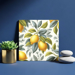 Azulejo De Cerâmica Limão Amarelo Vibrante e Botânico Aquarela Azul