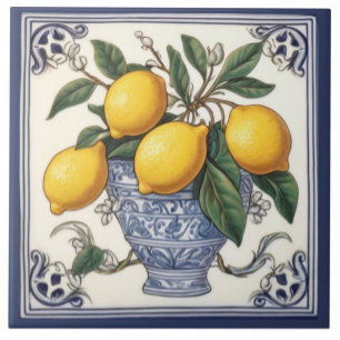 Azulejo De Cerâmica Limão Antiquado Arte Vintage Blue & Yellow Lemons