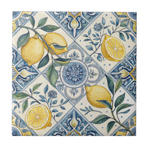Azulejo De Cerâmica Limão Aquarela Azul