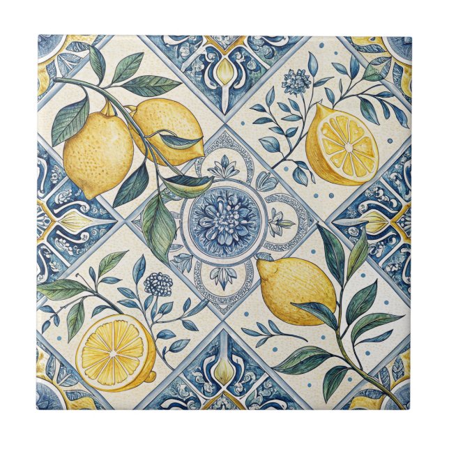 Azulejo De Cerâmica Limão Aquarela Azul (Frente)