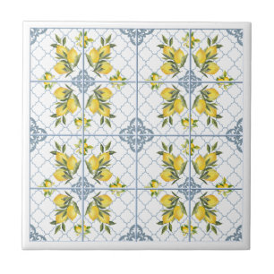 Azulejo De Cerâmica Limão de Country Francês em Aquarela Azul