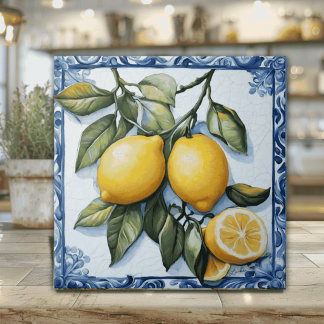 Azulejo De Cerâmica Limão Siciliano Vintage com Borda Azul