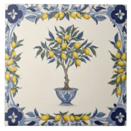 Azulejo De Cerâmica Limoeiro em vaso azul e branco com bordas de limõe