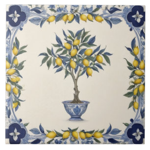 Azulejo De Cerâmica Limoeiro em vaso azul e branco com bordas de limõe