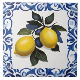 Azulejo De Cerâmica Limões Amarelos com Borda Azul e Branca