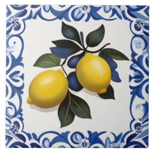Azulejo De Cerâmica Limões Amarelos com Borda Azul e Branca