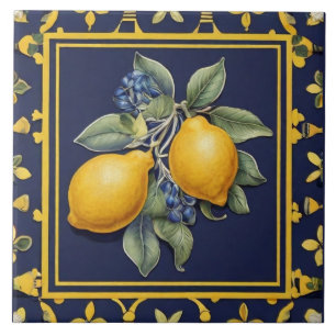 Azulejo De Cerâmica Limões Azuis Navy e Azeitonas Pretas Mediterrâneo