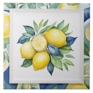 Azulejo De Cerâmica Limões Azul Verde Amarelo Branco Aquarela