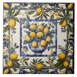 Azulejo De Cerâmica Limões Espanhóis em Vaso Azul e Branco