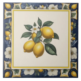 Azulejo De Cerâmica Limões Espanhóis no Ramo Folhas de Limão Azul e Br