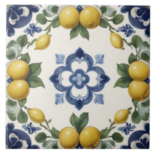Azulejo De Cerâmica Limões Italianos & Frutas Cítricas com Trevo Azul