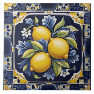 Azulejo De Cerâmica Limões Mediterrâneo Azul Escuro Arte Folclórica It