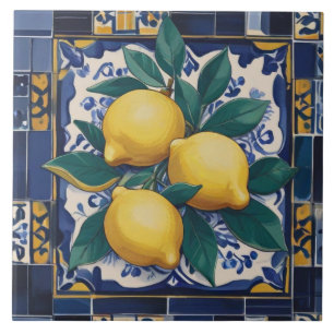 Azulejo De Cerâmica Limões Mediterrâneo Azul Escuro e Amarelo Dourado