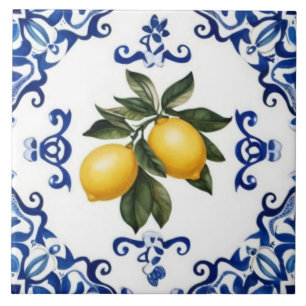 Azulejo De Cerâmica Limões Mediterrâneos com Borda Azul e Branco