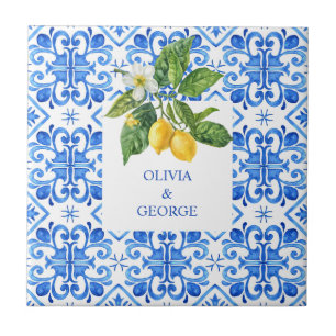 Azulejo De Cerâmica Limões mediterrânicos personalizados azul de casam