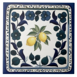 Azulejo De Cerâmica Limões Tradicionais Floral Azul Escuro e Branco
