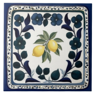 Azulejo De Cerâmica Limões Tradicionais Floral Azul Escuro e Branco