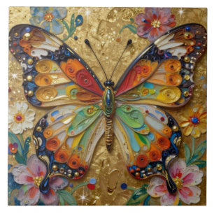 Azulejo De Cerâmica Linda Borboleta e Flores em Impasto