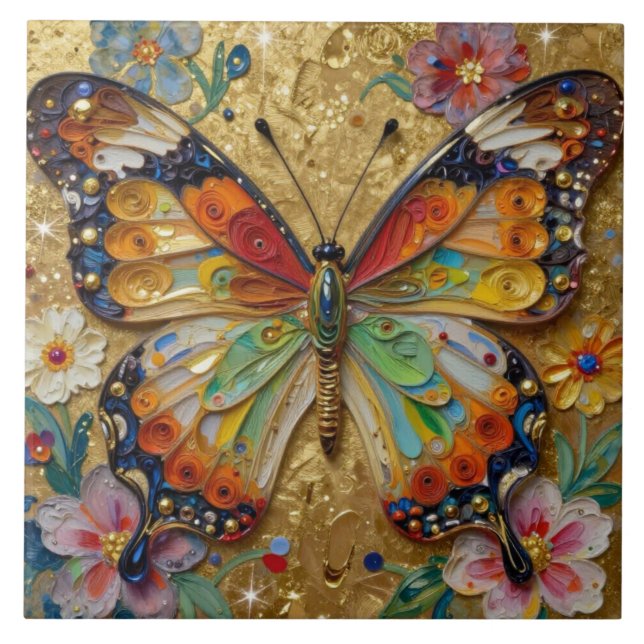 Azulejo De Cerâmica Linda Borboleta e Flores em Impasto   (Frente)